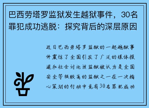 巴西劳塔罗监狱发生越狱事件，30名罪犯成功逃脱：探究背后的深层原因